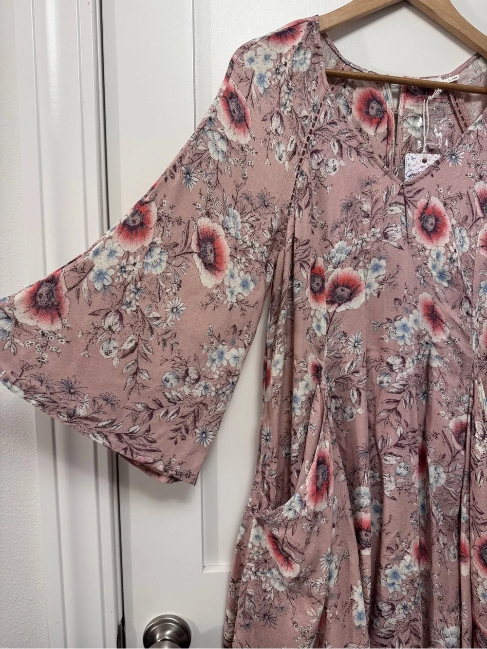 Blu Pepper Dusty Rose Floral Long Sleeve Mini Babydoll Dress L NWT